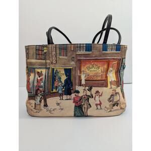 Unique Bueno handbag featuring a detailed printed street scene & beaded detail